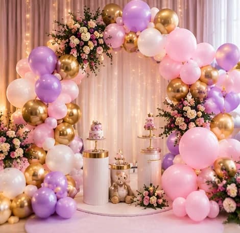 Pastel pink, lavender, white and gold balloon decoration with floral accents