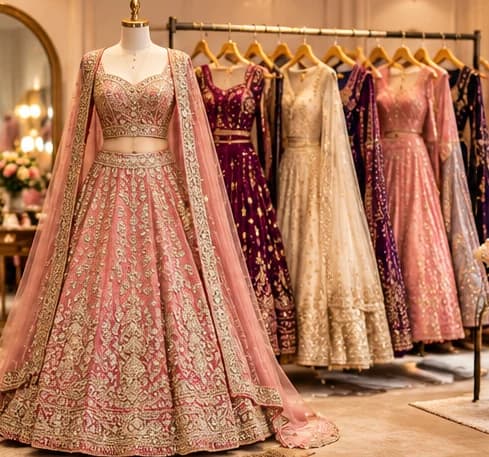 Indian bridal lehengas and designer sarees displayed in a bridal boutique