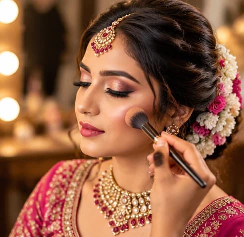 Indian bride with elegant jewellery, styled hair and professional makeup