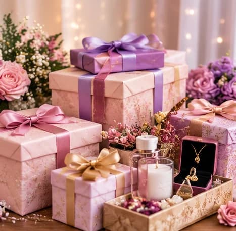 Luxury personalised gift boxes with purple and pink ribbons and flowers
