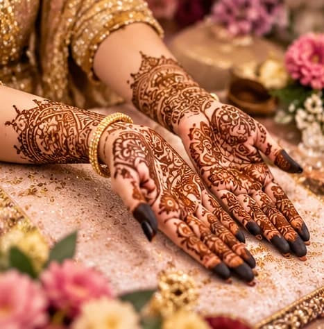 Bridal hands with intricate traditional Indian mehndi designs