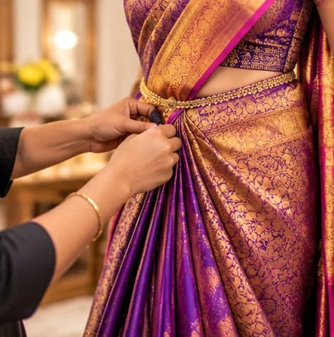 Professional pleating a beautiful Indian silk saree